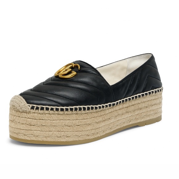 Gucci GG Nappa Matelasse Marmont Black Leather Platform Espadrilles - Picture 1 of 8